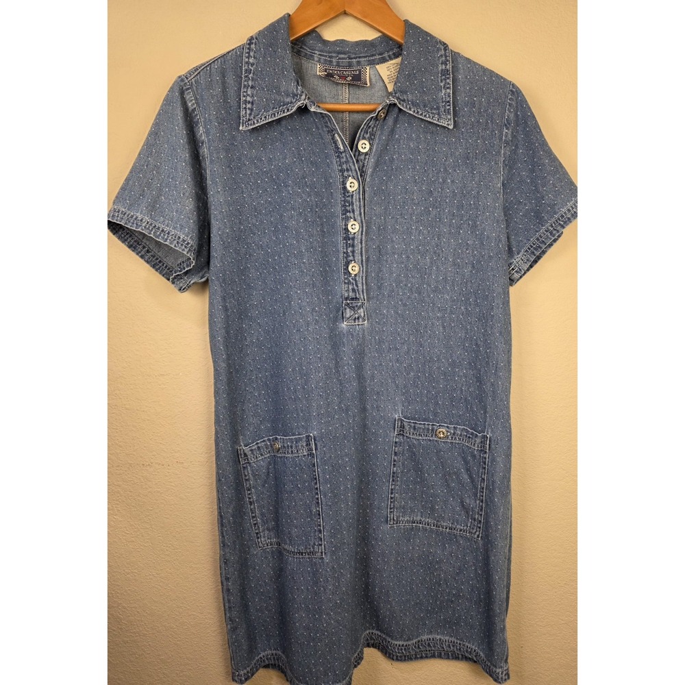 Vintage ERIKA CASUALS Blue‎ Denim White Polka Dot Straight Knee Length Dress M